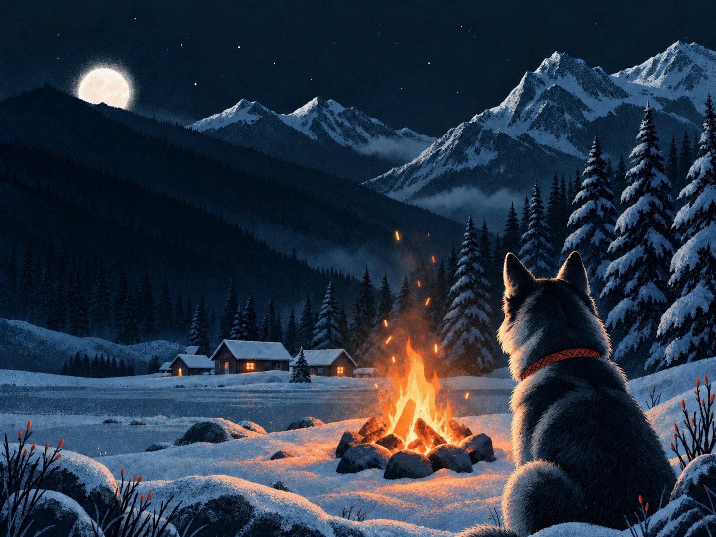 Moonlit winter camp: a dog watching a campfire beside cabins below snowy peaks